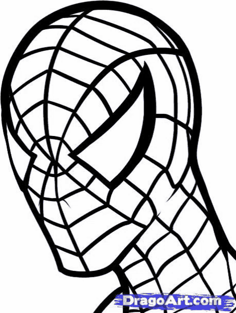 a black and white drawing of a spiderman 's head with a spider web on it .