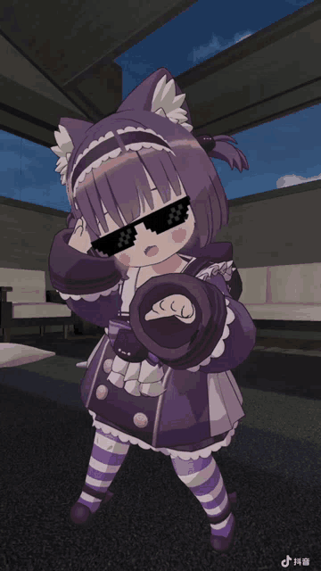 a little girl wearing sunglasses and a purple dress