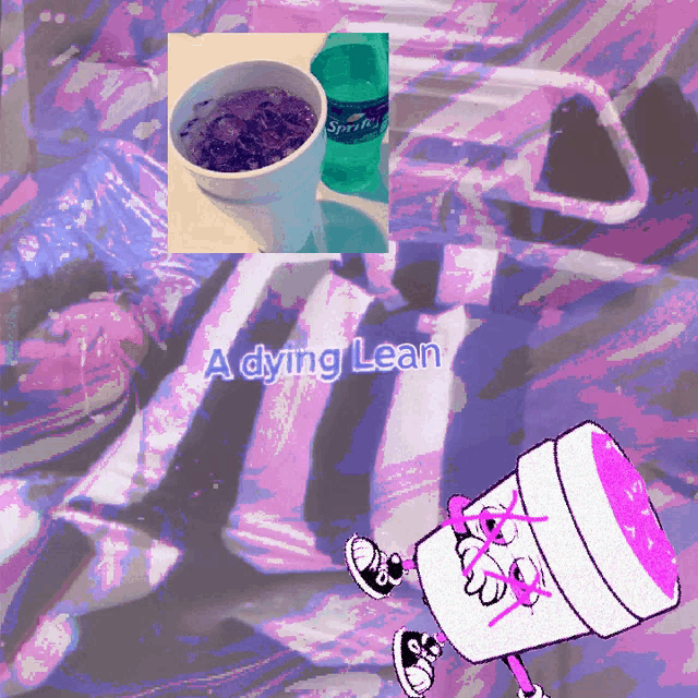 a picture of a cup of lean and a bottle of sprite on a purple background