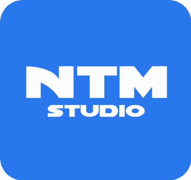 a blue ntm studio logo with white letters on a blue background