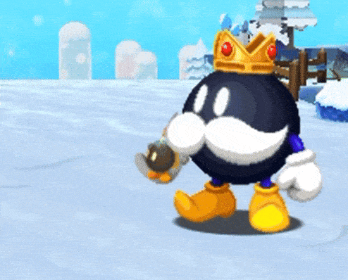 a cartoon character with a crown on his head is standing in the snow