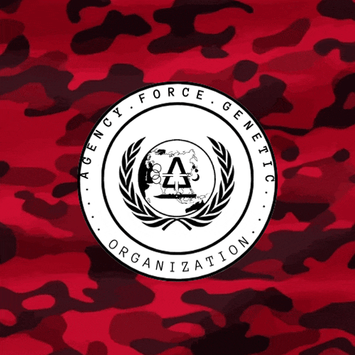 a logo for agency force genetic organization on a red camouflage background