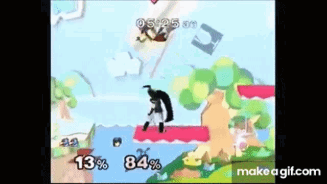 a person is standing on a platform in a video game while another person is flying through the air .