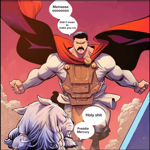 a comic book character named freddie mercury is talking to a lion