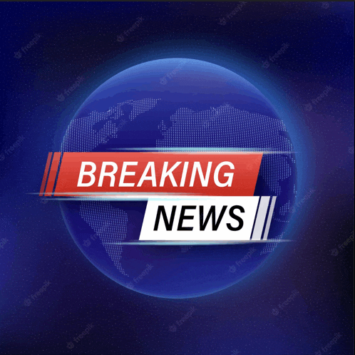 a blue background with a globe and a breaking news sign