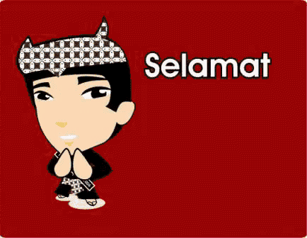 a cartoon of a man wearing a headband with horns and the word selamat written on it .