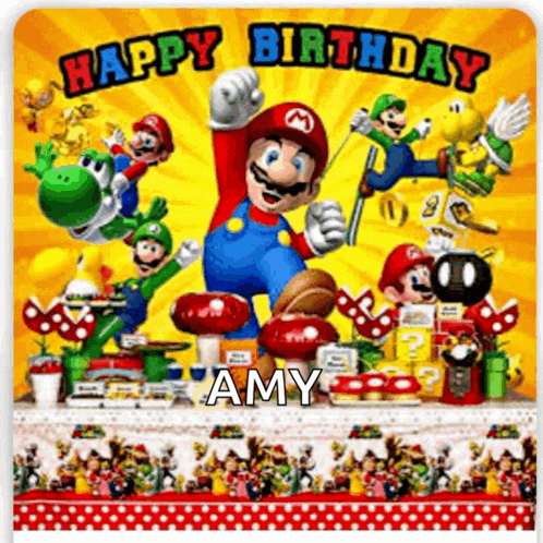 a happy birthday card with mario , luigi , yoshi and amy on it