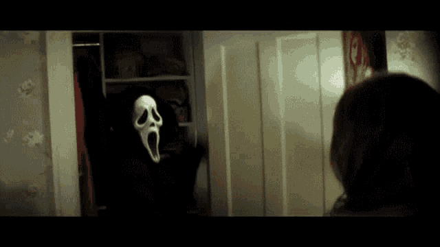 a person wearing a scream mask is standing in a closet .
