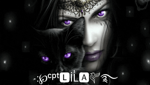 a black and white photo of a woman with purple eyes and a black cat with purple eyes