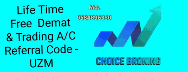 a blue sign that says life time free demat & trading a/c referral code uzm