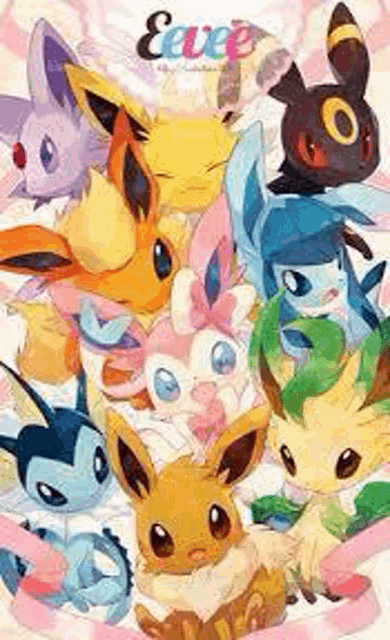 a bunch of eevees are sitting on top of each other on a white background .