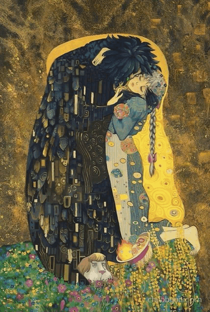 a painting of a man and a woman kissing with the word chibi written on the bottom