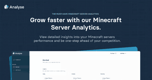 a screenshot of a website that says grow faster with our minecraft server analytics on it