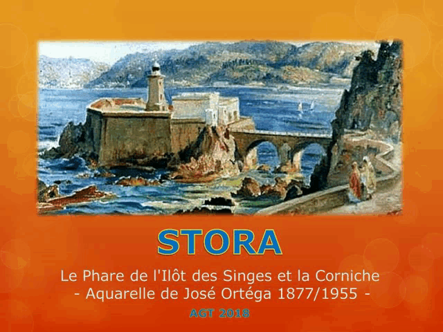 a poster with a painting of a lighthouse and the words stora on the bottom