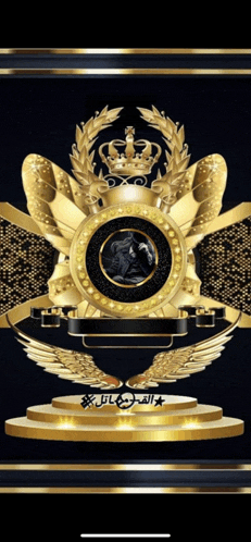 a black and gold emblem with a crown and wings