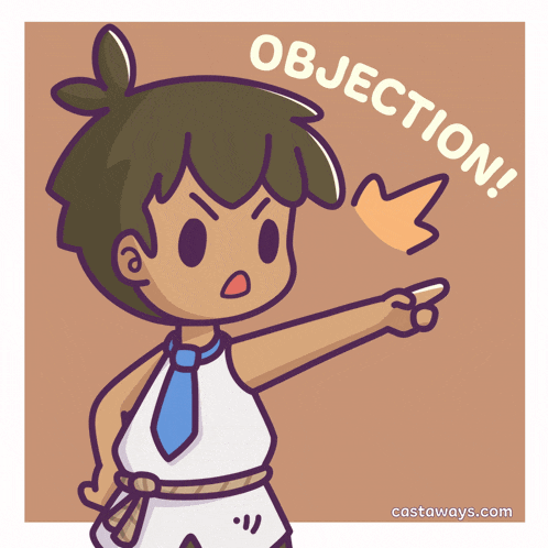 a cartoon drawing of a man pointing with the words objection below him