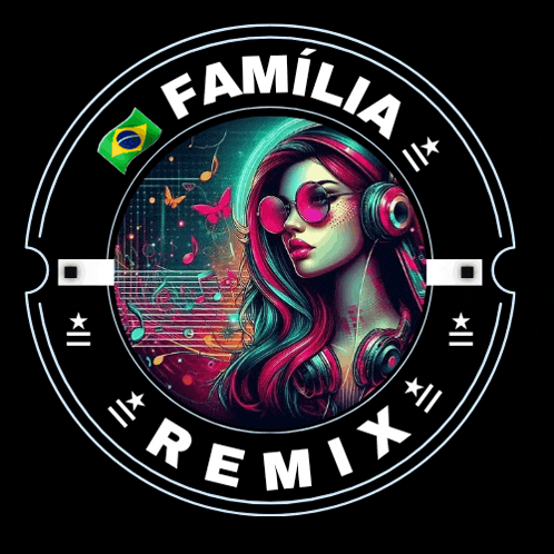 a colorful logo for familia remix with a girl wearing headphones