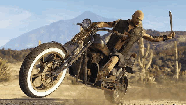 a man riding a motorcycle in the desert with a knife in his hand