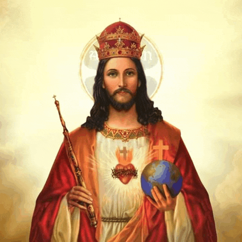 a painting of jesus wearing a crown and holding a cane