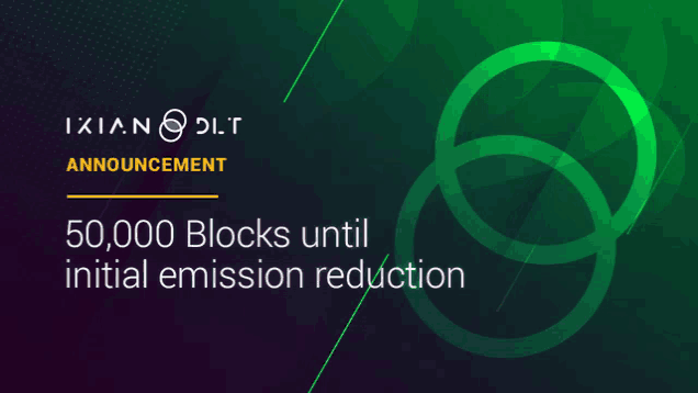 a green background with the words 50,000 blocks until initial emission reduction written on it