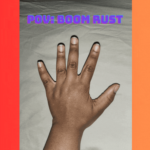 a person 's hand is shown with the words pov boom rust above it