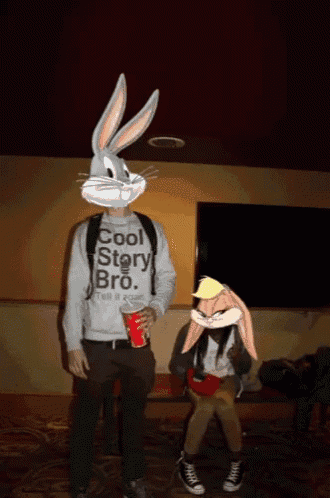 a man wearing a cool story bro shirt stands next to a woman wearing a bugs bunny costume