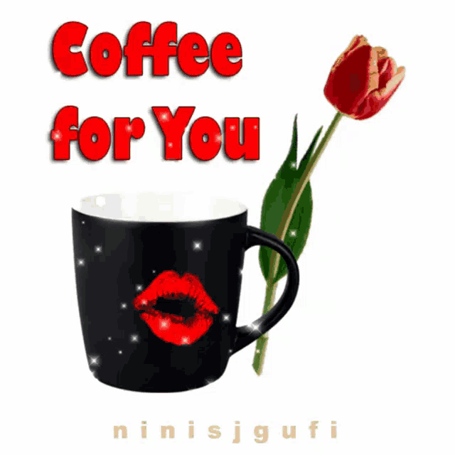 a black coffee mug with red lips and the words coffee for you on it