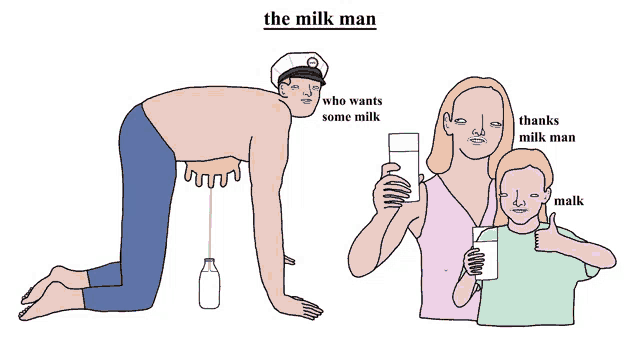 a cartoon shows a man kneeling down with a bottle of milk and a woman holding a glass of milk