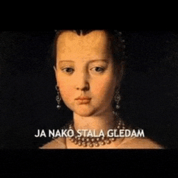 a painting of a woman wearing a pearl necklace and earrings with the words ja nako stala gledam in white letters