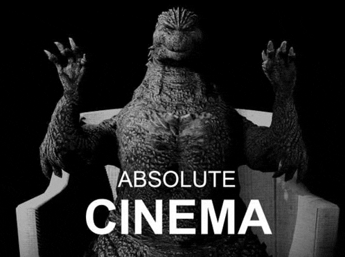 a black and white photo of a monster sitting in a chair with the words `` absolute cinema '' above it .