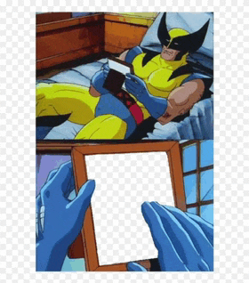 a cartoon of wolverine laying on a bed looking at his phone