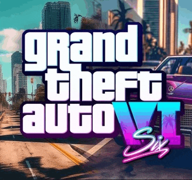 a poster for grand theft auto six with a purple car in the background