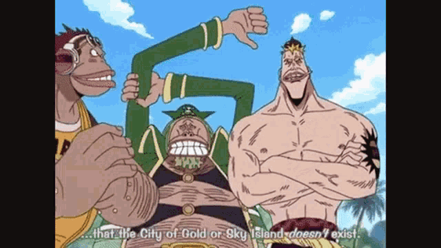 a group of cartoon characters are standing next to each other with one saying that the city of gold or sky island does n't exist