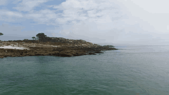 a large body of water surrounded by rocky shoreline and trees