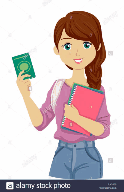 an illustration of a girl holding a book and a passport