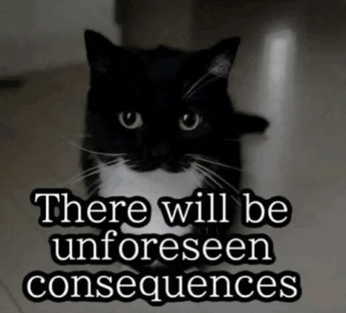 a black and white cat with the words " there will be unforeseen consequences " below it