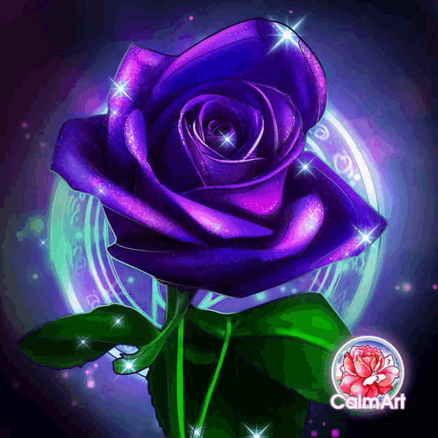 a purple rose with green leaves is surrounded by a circle and the words calmart on the bottom