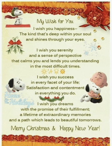 a christmas card with snoopy and charlie brown and the words " my wish for you "