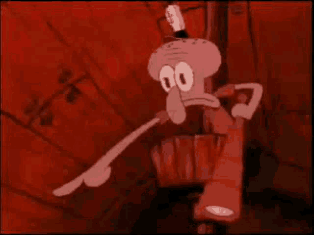 squidward from spongebob squarepants is holding a bucket and pointing at something .