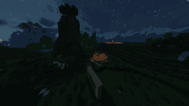 a screenshot of a video game at night with a campfire