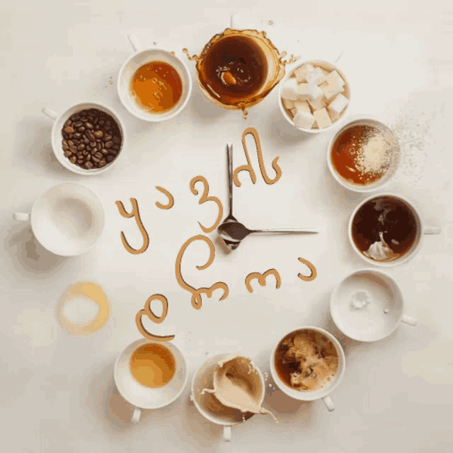 a clock made out of coffee cups and sugar cubes shows the time as 3:30