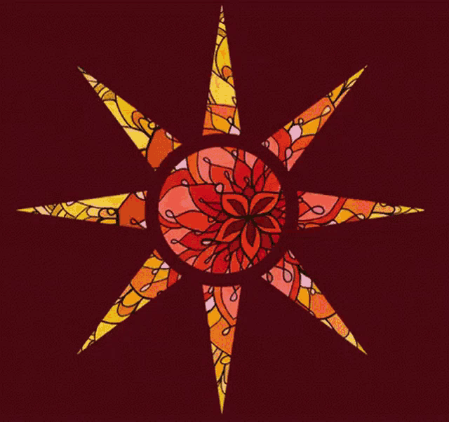 a purple and pink star with a flower in the center on a blue background