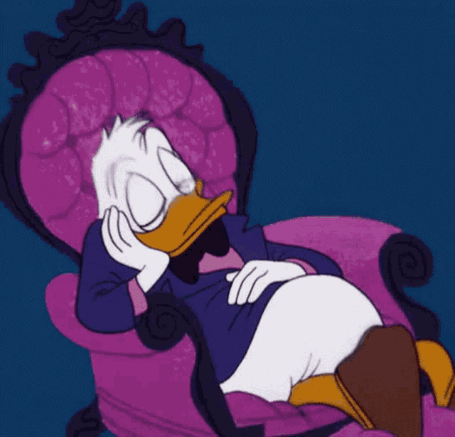 a cartoon duck is sitting in a purple chair