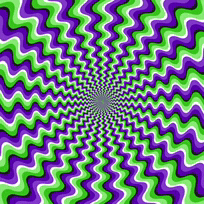 a green and purple optical illusion that looks like a swirl .