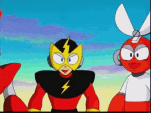 a cartoon character with a lightning bolt on his face is standing next to two other characters .