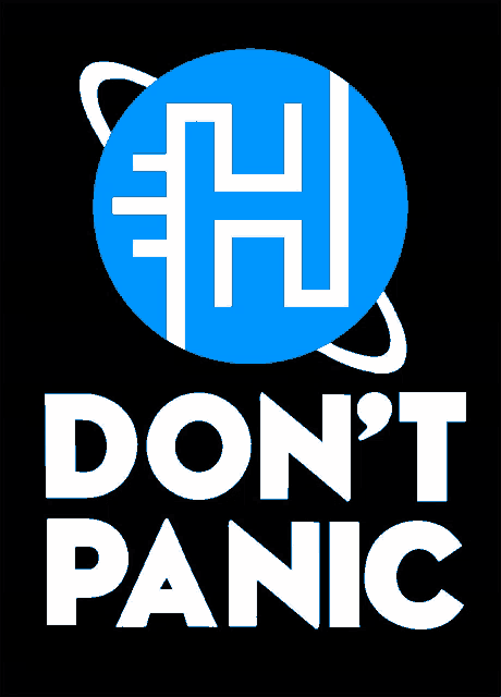 a sign that says " do n't panic " with a blue planet in the background