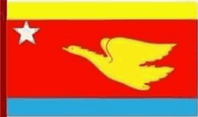 a red , yellow , and blue flag with a white star and a yellow bird on it .