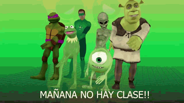 a group of cartoon characters standing next to each other with the words mañana no hay clase written below them