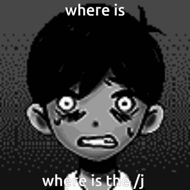 a black and white drawing of a boy with white eyes and the words `` where is where is the / j ''