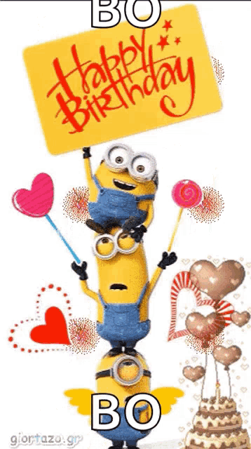 a stack of minions holding a sign that says happy birthday